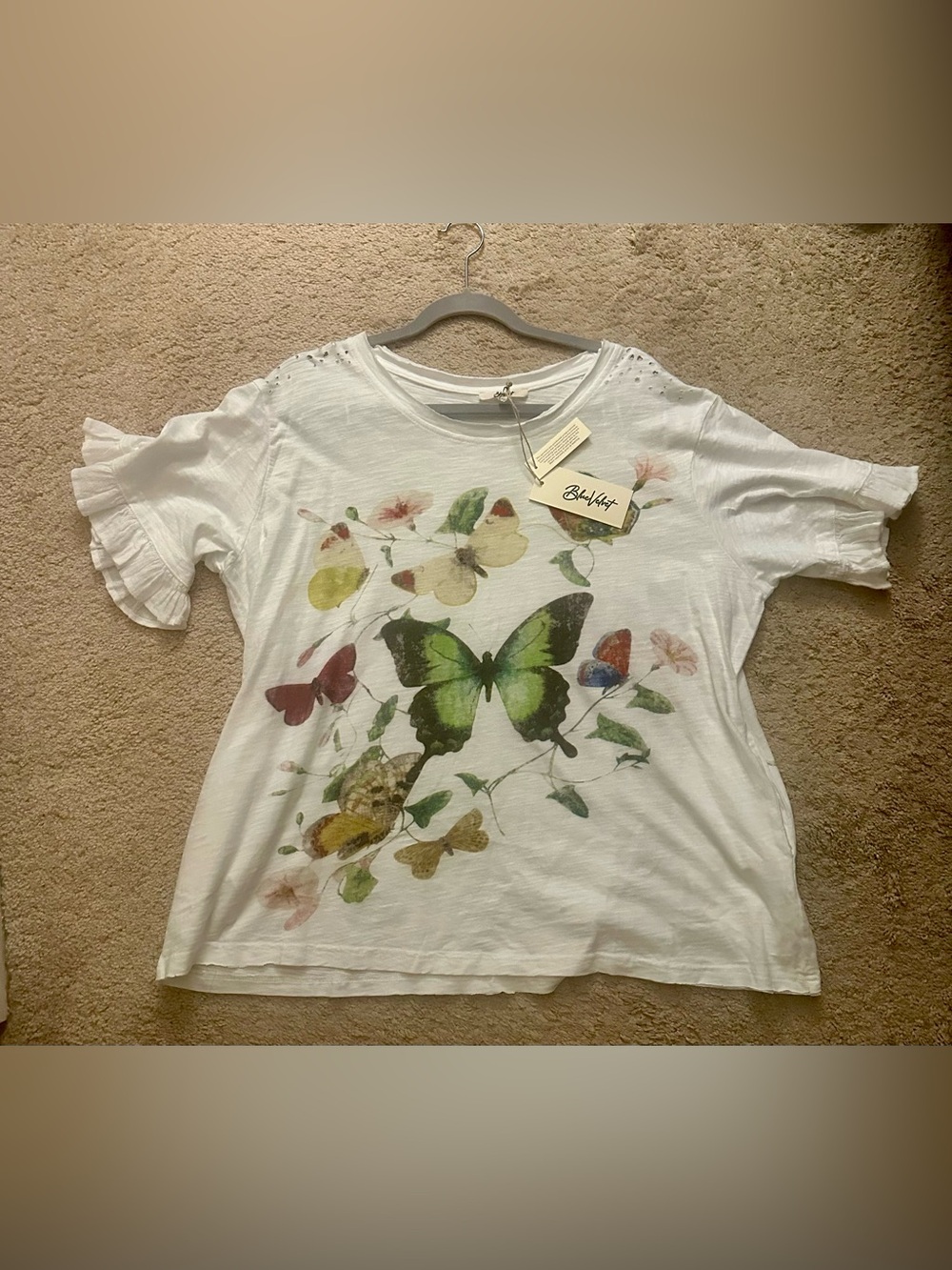 NWT White Floral Butterfly Ruffle-Sleeve Tee-S - Picture 4 of 7